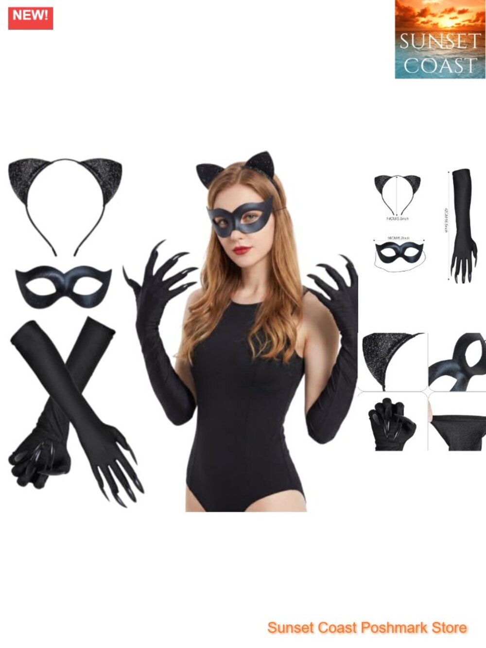 Cat Woman Costume Accessory Set Faux Leather Mask Claw Gloves Headband